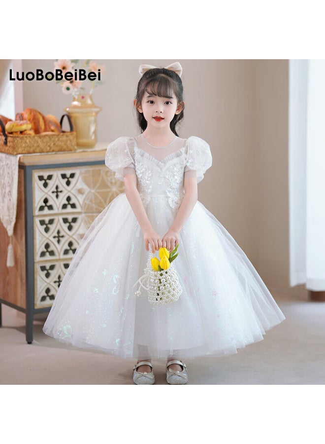 Luobobeibei Girls Princess Dress Summer Performance Costume Children'S White Dress Mesh Puff Dress White 150 - Image 1