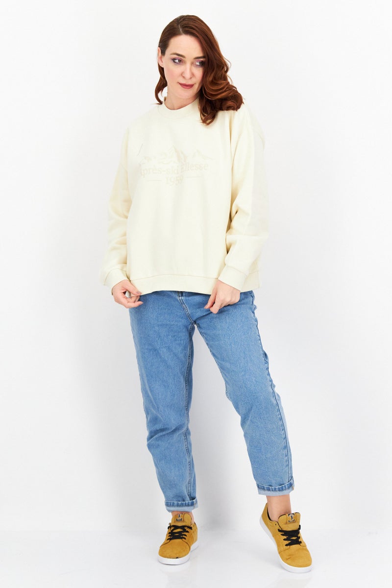 Ellesse سويت شيرت نسائي بأكمام طويلة وياقة دائرية، كريمي - Image 2