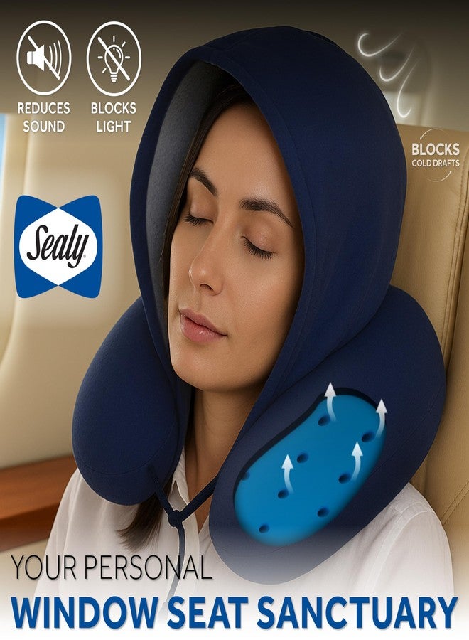 سيلي وسادة سفر سيلي بغطاء رأس ومزودة بجل مشبع ورغوة ذاكرة تسمح بمرور الهواء، مصممة خصيصًا لك مع دعم محيطي، توفر لك الراحة المثالية أثناء الرحلات الجوية والسفر والمنزل، وتمنع تيارات الهواء الباردة، لون كحلي - Image 2