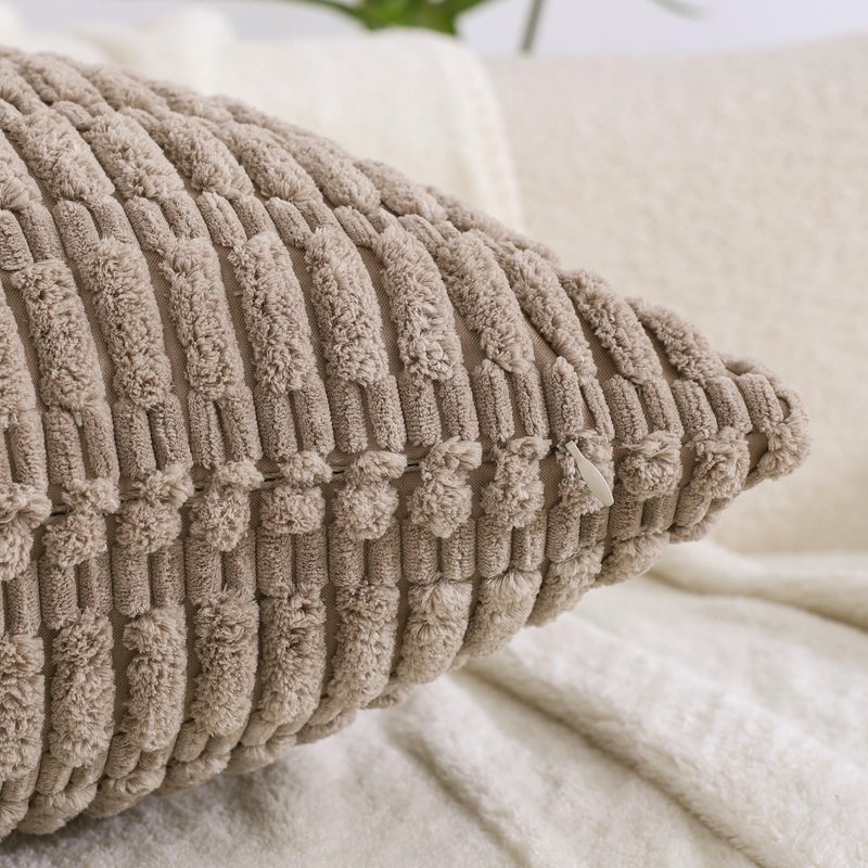All Smiles Decorative Throw Pillow Covers 20x20 Set of 4 Neutral Farmhouse Rustic Boho Home Decor Soft Plush Striped Corduroy Square Cushion Case for Living Room Couch Bed Sofa - Image 3