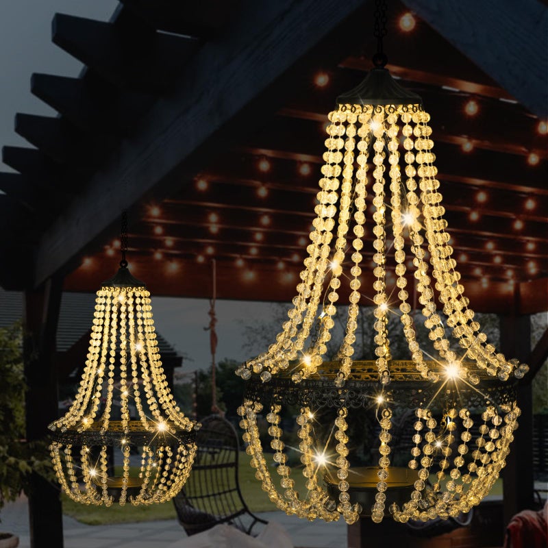 LEWIS&WAYNE Hanging Solar Chandelier Outdoor, 30 Warm White Lights Acrylic Clear Beaded Chandelier with S Hooks Modern Lantern for Garden Yard Patio Gazebo Decorations, 28â€H - Image 1