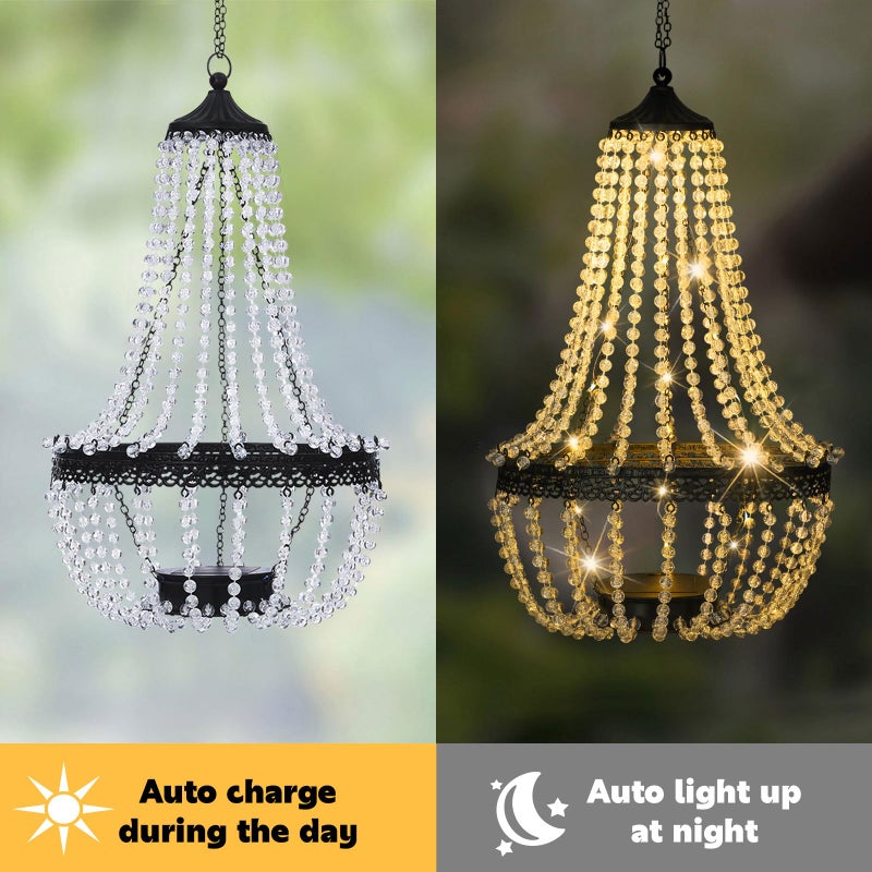 LEWIS&WAYNE Hanging Solar Chandelier Outdoor, 30 Warm White Lights Acrylic Clear Beaded Chandelier with S Hooks Modern Lantern for Garden Yard Patio Gazebo Decorations, 28â€H - Image 4
