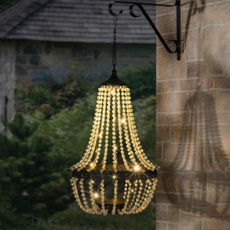 LEWIS&WAYNE Hanging Solar Chandelier Outdoor, 30 Warm White Lights Acrylic Clear Beaded Chandelier with S Hooks Modern Lantern for Garden Yard Patio Gazebo Decorations, 28â€H - Image 5