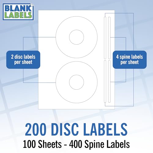 Blank Labels CD/DVD Label Full Face | Qty 200 Disc, 400 Spine | 100 Sheets Total | Permanent White Matte | Inkjet & Laser Printer Compatible | Customizable Printable Blank Labels | Blank Label - Image 1
