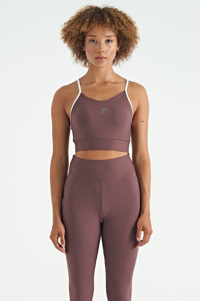 Tommy Life Brown Cross Back Detail Logo Printed Slim Fit Ribbed Women's Bustier - 97274  - Image 3