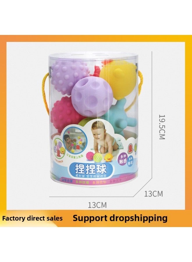 Loquat Biai Baby Toys Pinch Hand Ball Barrel Bath Water Playing Bathroom Toys 0-3 Years Old Perception Massage Ball-Color:8498A 10-piece Barrel Set - Image 1