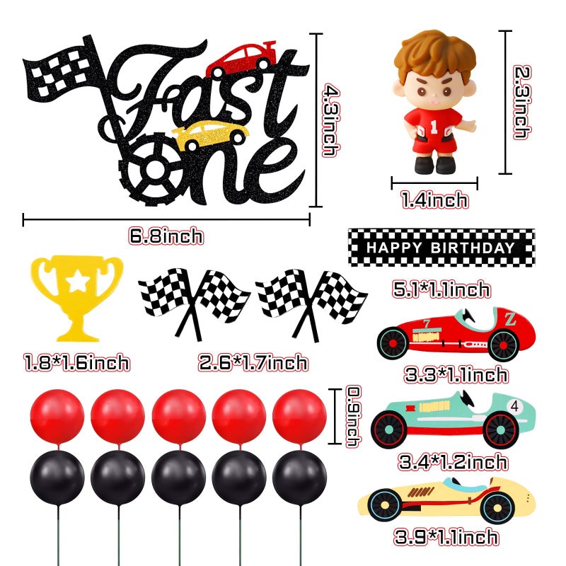MEMOVAN Race Car Cake Topper Red Black Balls Cake Toppers Fast One Cake Decorations 1st Birthday Cake for Boy's Kids Racing Car Checkered Flag Themed BirthdayParty Favors - Image 2