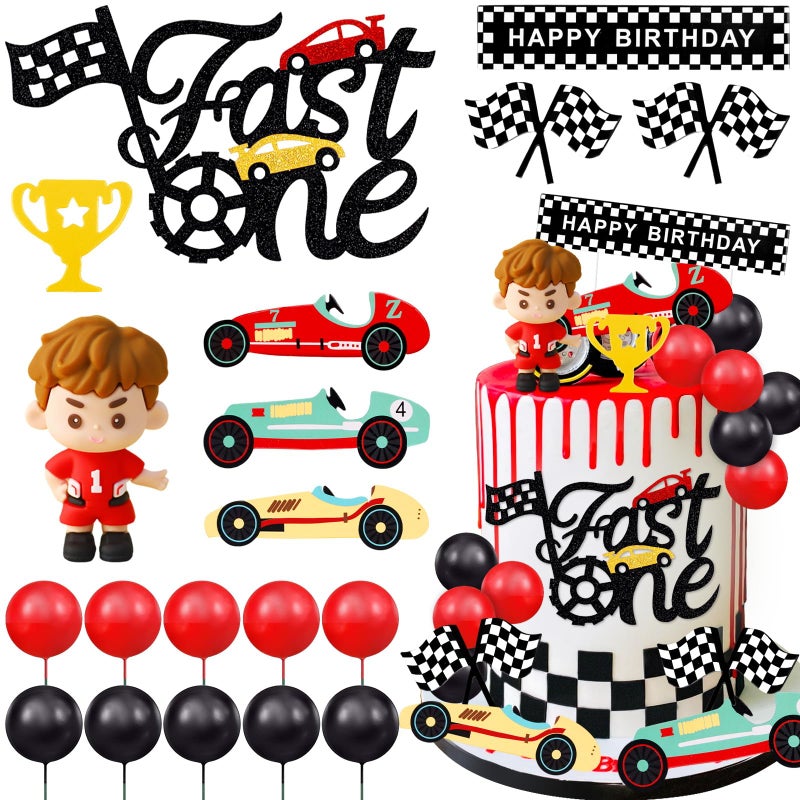 MEMOVAN Race Car Cake Topper Red Black Balls Cake Toppers Fast One Cake Decorations 1st Birthday Cake for Boy's Kids Racing Car Checkered Flag Themed BirthdayParty Favors - Image 1