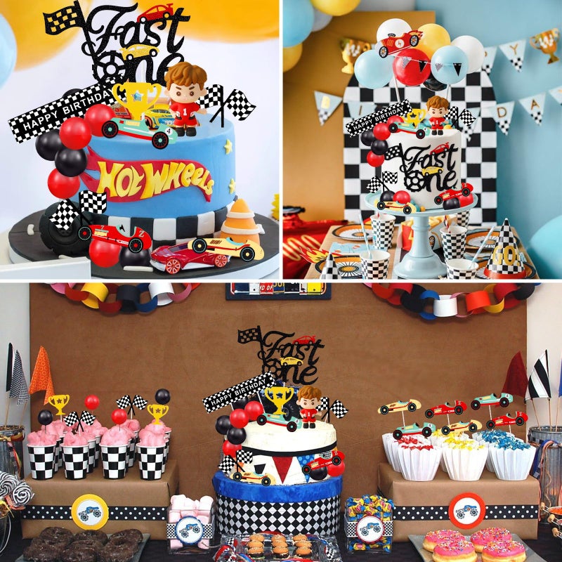 MEMOVAN Race Car Cake Topper Red Black Balls Cake Toppers Fast One Cake Decorations 1st Birthday Cake for Boy's Kids Racing Car Checkered Flag Themed BirthdayParty Favors - Image 5