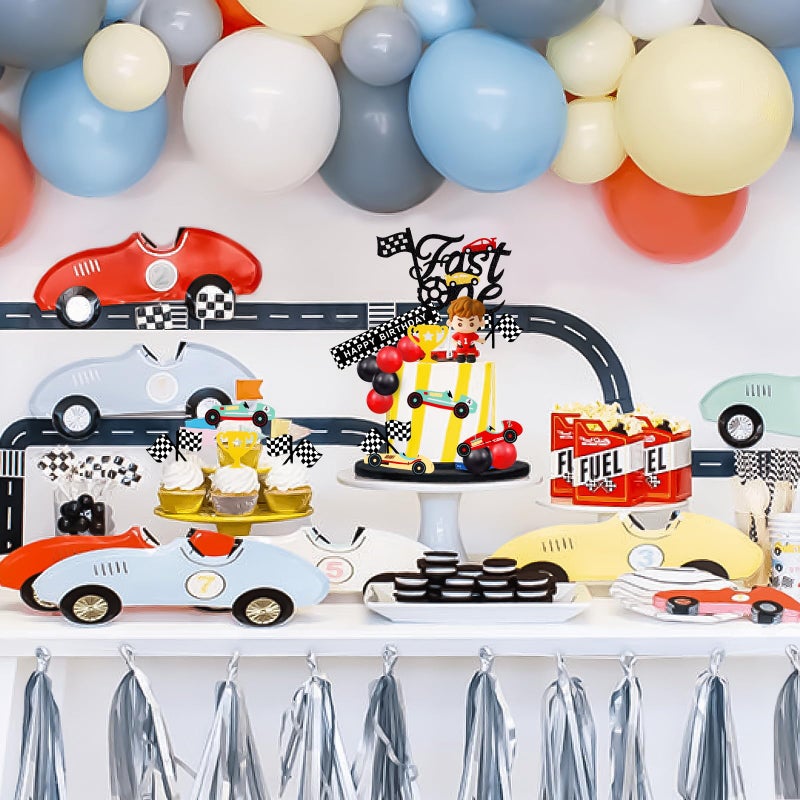 MEMOVAN Race Car Cake Topper Red Black Balls Cake Toppers Fast One Cake Decorations 1st Birthday Cake for Boy's Kids Racing Car Checkered Flag Themed BirthdayParty Favors - Image 4