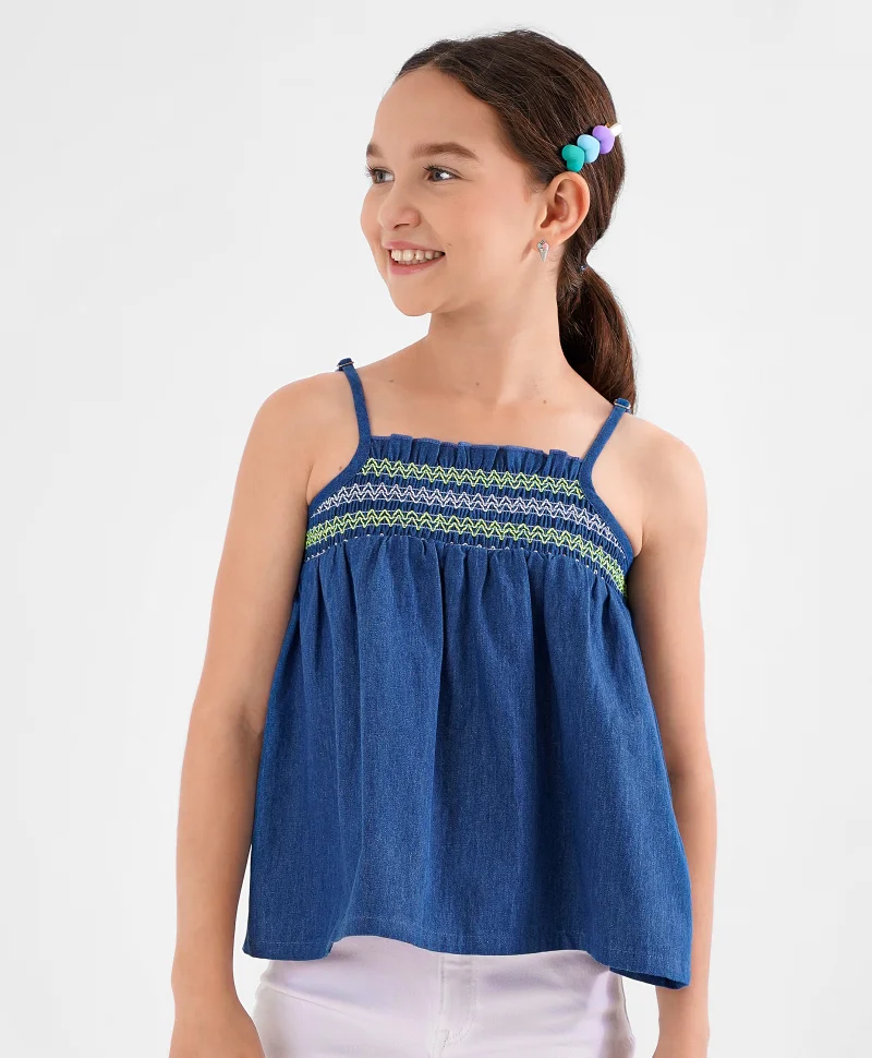 Primo Gino Primo Gino Cotton Sleeveles Smoking Top With Embroidery- Blue
