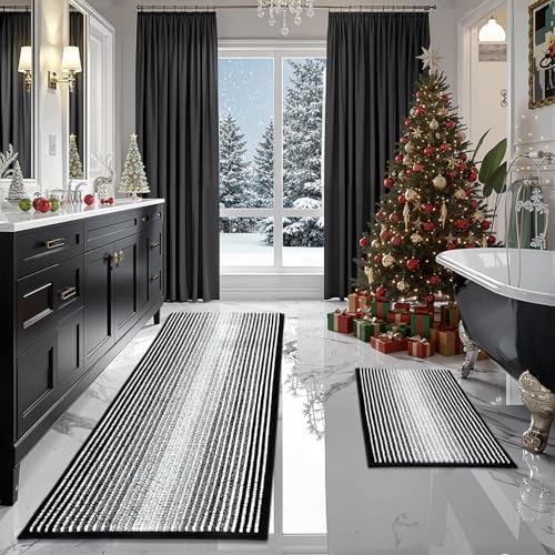 BSICPRO Bathroom Rugs and Mats Sets, 2 Piece Thick Absorbent Chenille Bath Mat Rug Set Non Slip, Soft Shaggy Bath Room Floor Mats for Bathroom, Machine Washable (Black, 24" x 70" Plus 20" x 32") - Image 1