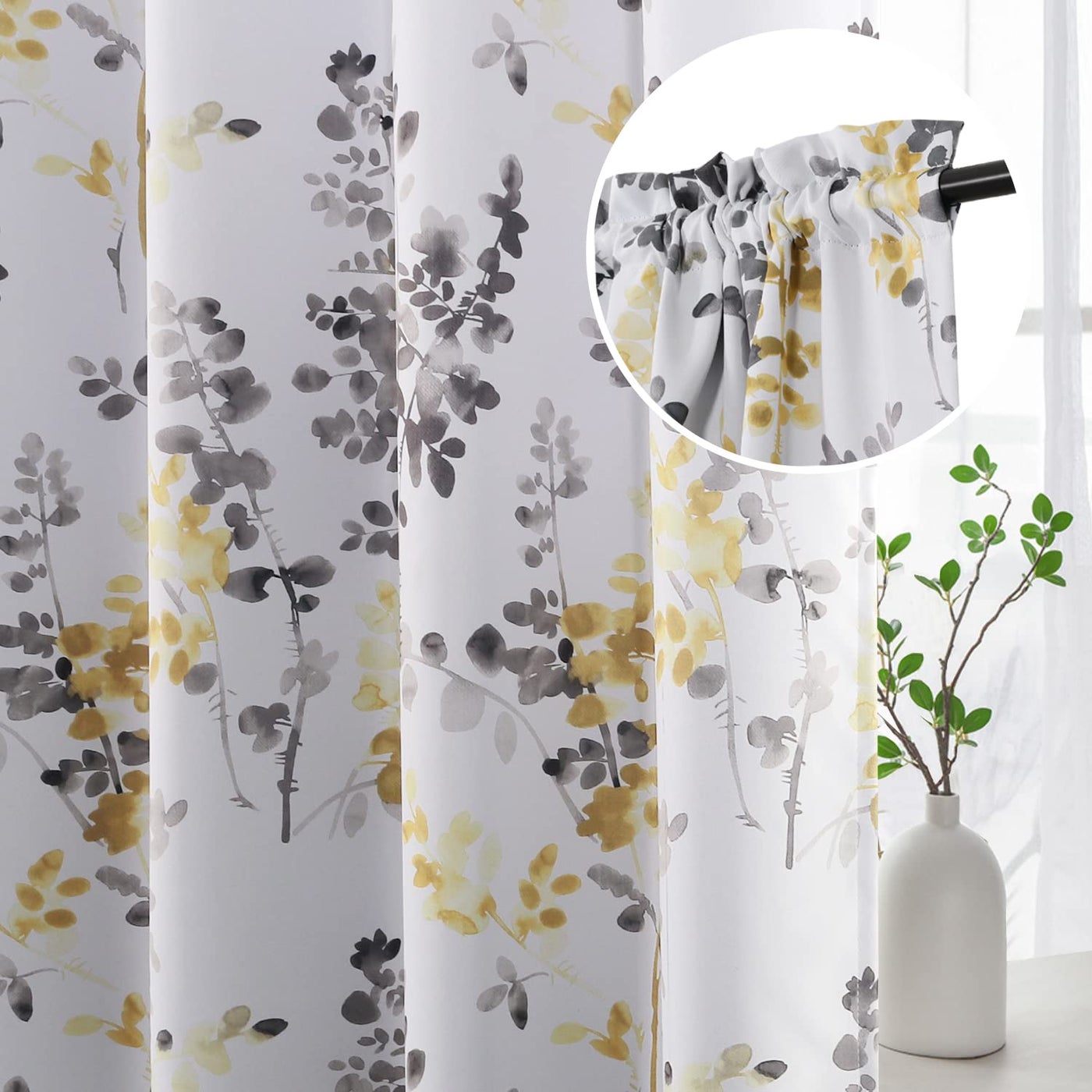 H.VERSAILTEX HVERSAILTEX Floral Curtains 84 Inches Long Printed Pattern Room Darkening Curtains for Bedroom Rod Pocket Window Treatment Curtains 2 Panels Classical Floral Grey and Yellow