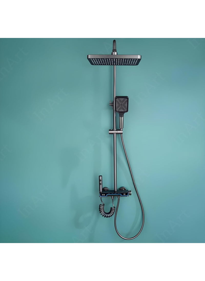 inart InArt Solid Brass Circular Shower Panel Set with Digital Temperature Display 4 Function Thermostatic Shower Set with Hand Shower Overhead Shower Spout and Health Faucet Black  - Image 4