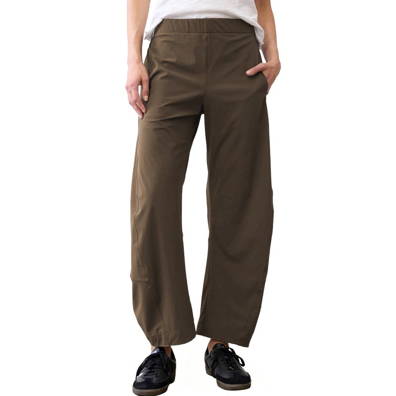 SeeLuNa Women Barrel Travel Pants Elastic Waistband Tapered Leg Baggy Mid Rise Work Trousers Lounge Pant with Pockets(Coffee,L) - Image 1