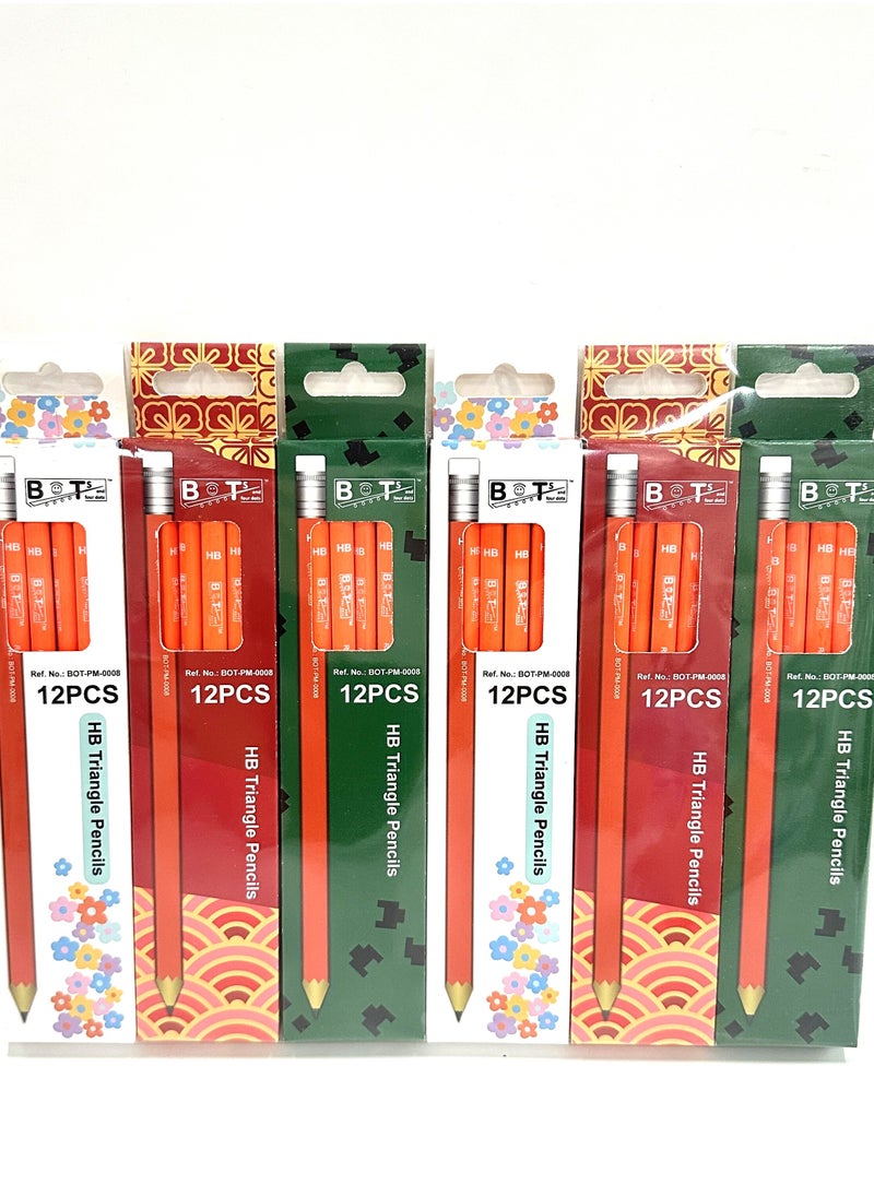 BOTs and four dots 72 HB Triangle Wood Lead Sharpened Pencils (12 Pencils in Pack, 6 Packs) 72 Yellow Wooden Color Pencils. Ref. No.: BOT-PM- 0008., Wood Material, Point Type Fine, Pencil Lead Degree (Hardness) ‎HB with Eraser.  - Image 1