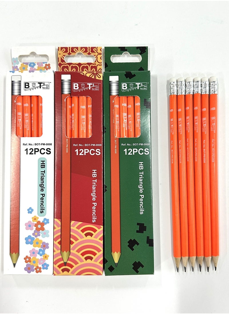 BOTs and four dots 72 HB Triangle Wood Lead Sharpened Pencils (12 Pencils in Pack, 6 Packs) 72 Yellow Wooden Color Pencils. Ref. No.: BOT-PM- 0008., Wood Material, Point Type Fine, Pencil Lead Degree (Hardness) ‎HB with Eraser.  - Image 3