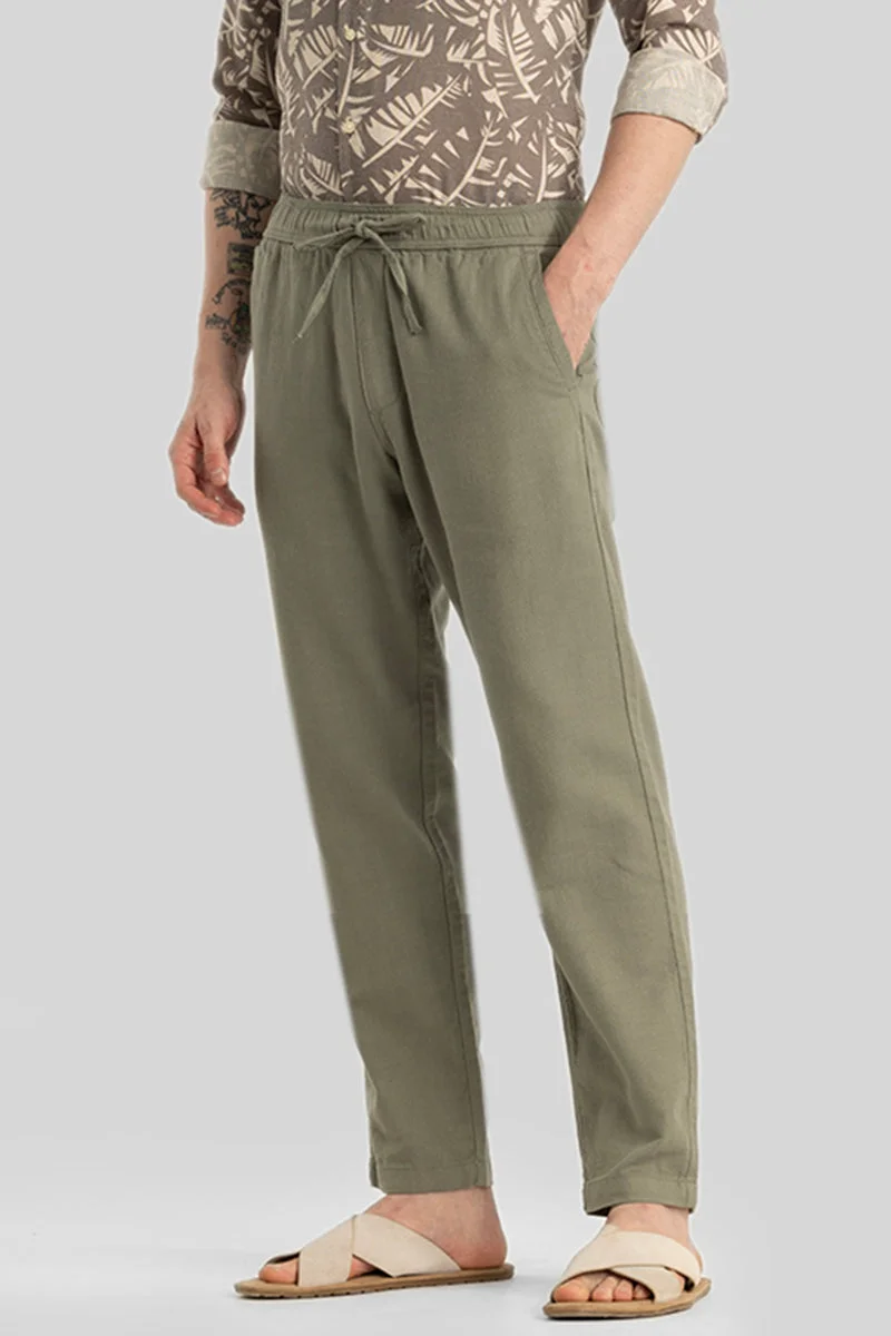 Snitch Green Martino Sage Plain Relaxed Fit Trousers for Men | Best Price UAE