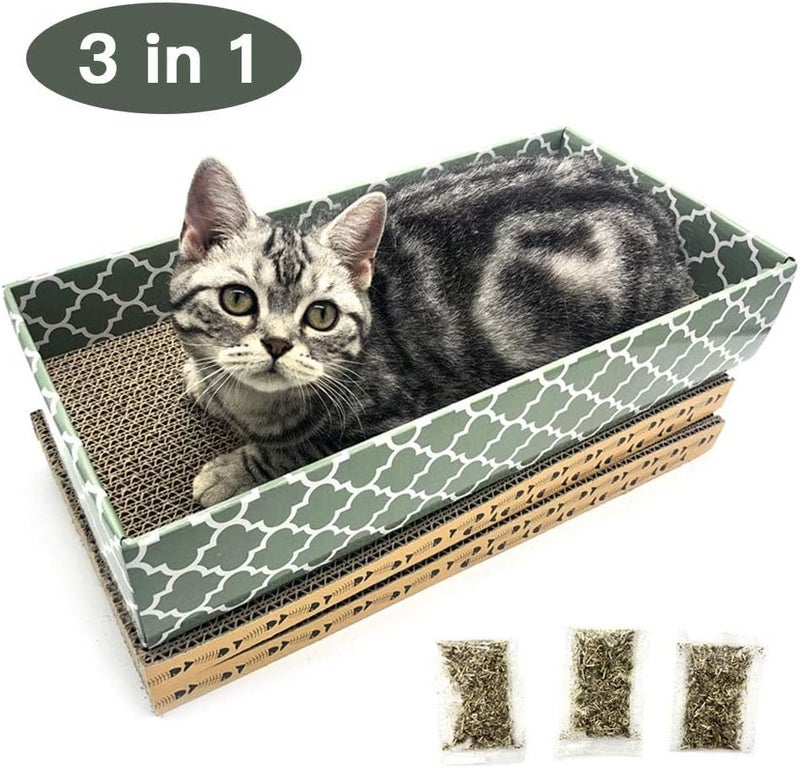 MECOOL Cat Scratcher Cardboard Scratching Pads Scratch Lounge Bed with Catnip 3PCS Reversible Corrugated Cardboard with Scratch Box - Image 5
