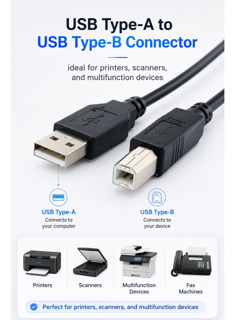 ​كابل كونف كابل طابعة، سلك طابعة USB 2.0 من النوع A ذكر إلى النوع B ذكر، سلك ماسح ضوئي عالي السرعة، متوافق مع HP، Canon، Dell، Epson، Lexmark، Xerox، Samsung وغيرها، أسود - Image 3
