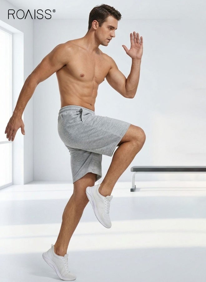 roaiss Men's Solid Color Straight Leg Shorts Fitness Fashion Casual Shorts Four-Way Stretch Men's Beach Shorts Comfortable Loose Fit Drawstring Elastic Waist Beach Shorts Grey - Image 5