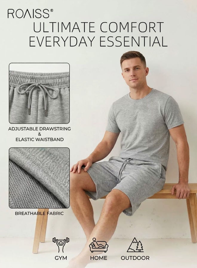 roaiss Men's Solid Color Straight Leg Shorts Fitness Fashion Casual Shorts Four-Way Stretch Men's Beach Shorts Comfortable Loose Fit Drawstring Elastic Waist Beach Shorts Grey - Image 2