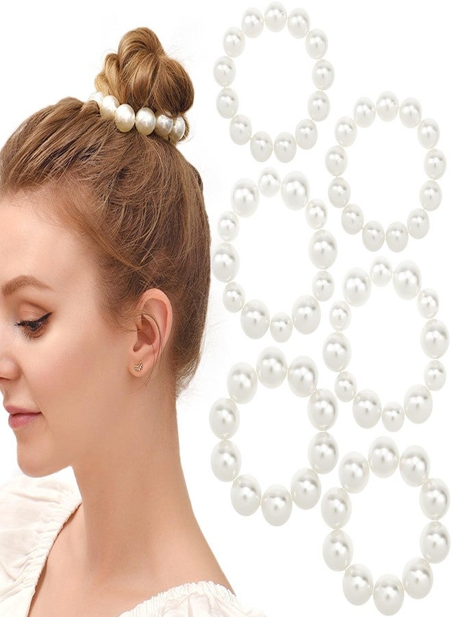Aswewamt 6 Pcs Pearls Elastic Hair Tie Scrunchies Elegant Pearl Ponytails Holder Bracelet Hair Ties Decorative Hair Ropes White Pearl Hair Band Accessories for Women Girls - Image 1