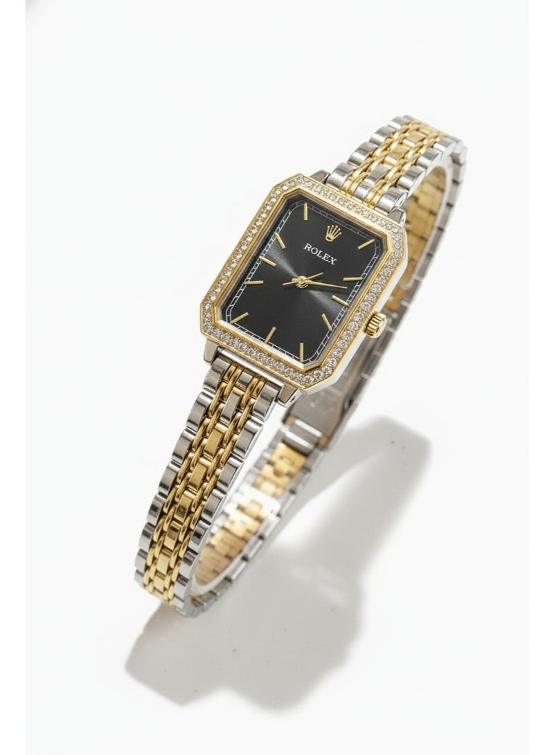 Rolex  Women’s Rectangular Two-Tone Stainless Steel Watch with Crystal Bezel – Black Dial - Image 1