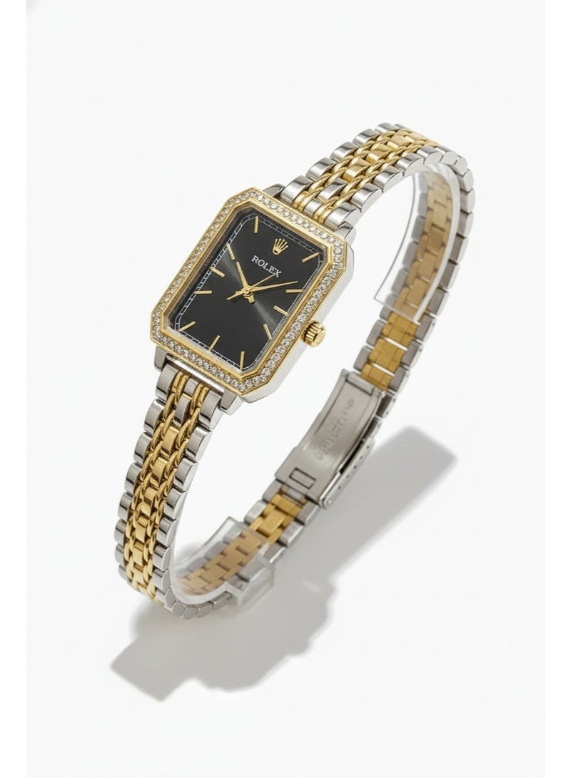 Rolex  Women’s Rectangular Two-Tone Stainless Steel Watch with Crystal Bezel – Black Dial - Image 2