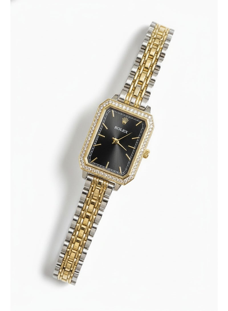 Rolex  Women’s Rectangular Two-Tone Stainless Steel Watch with Crystal Bezel – Black Dial - Image 3
