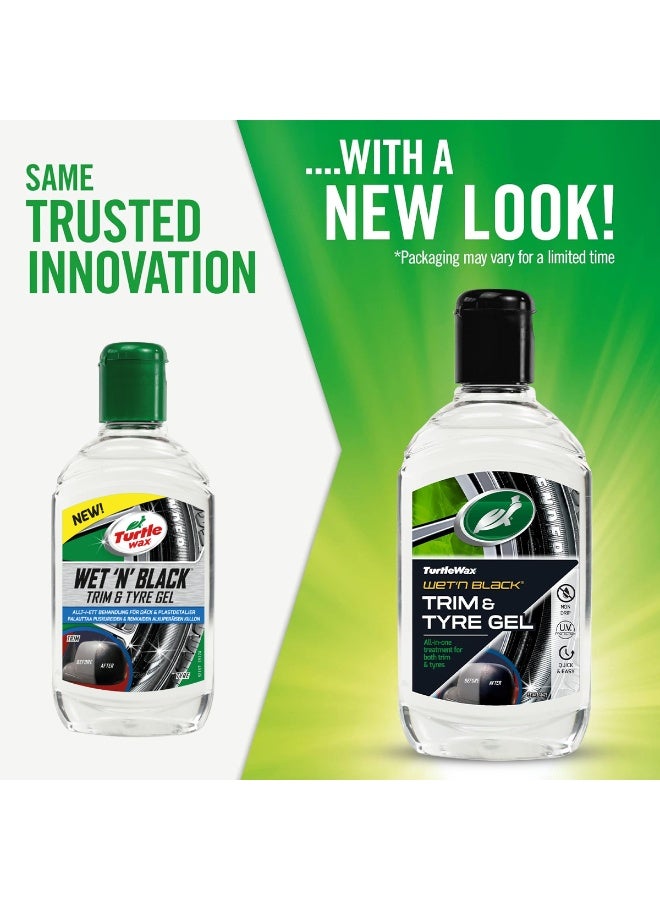 تيرتل واكس جل TurtleWax Wet'n Black Trim & Tyre - 300 مل، ترميم شامل للبلاستيك والمطاط والفينيل، حماية من الأشعة فوق البنفسجية، مقاوم للماء، يدوم طويلًا، يعيد المظهر الأسود للإطارات والتشطيبات - Image 1