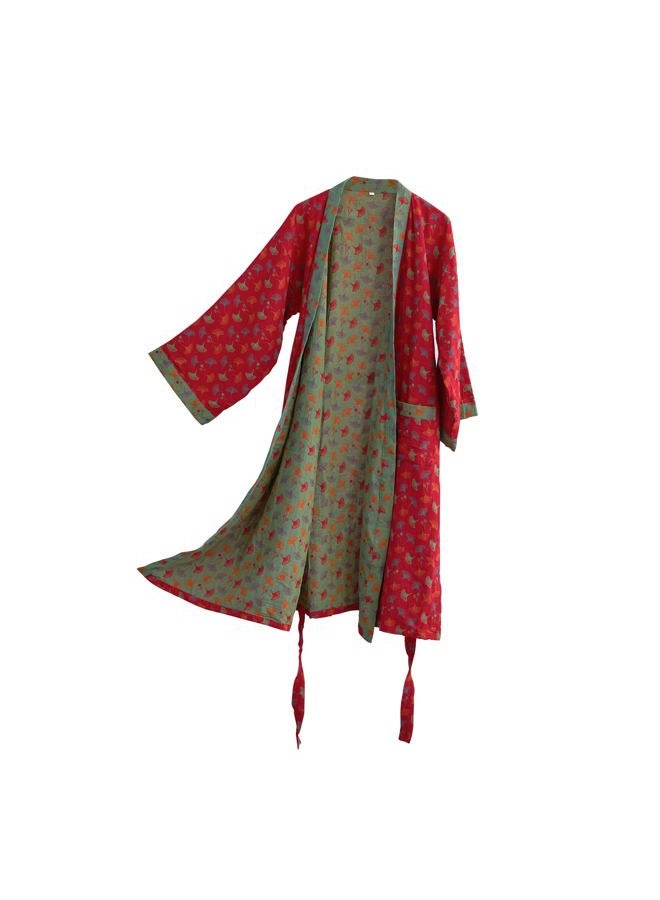 Purefair 100% Cotton Gauze Ginkgo Leaf Kimono Robe, Long Knit Loose Bathrobe Nightgown Ladies Loungewear Sleepwear for Women, Red Green, XL - Image 1