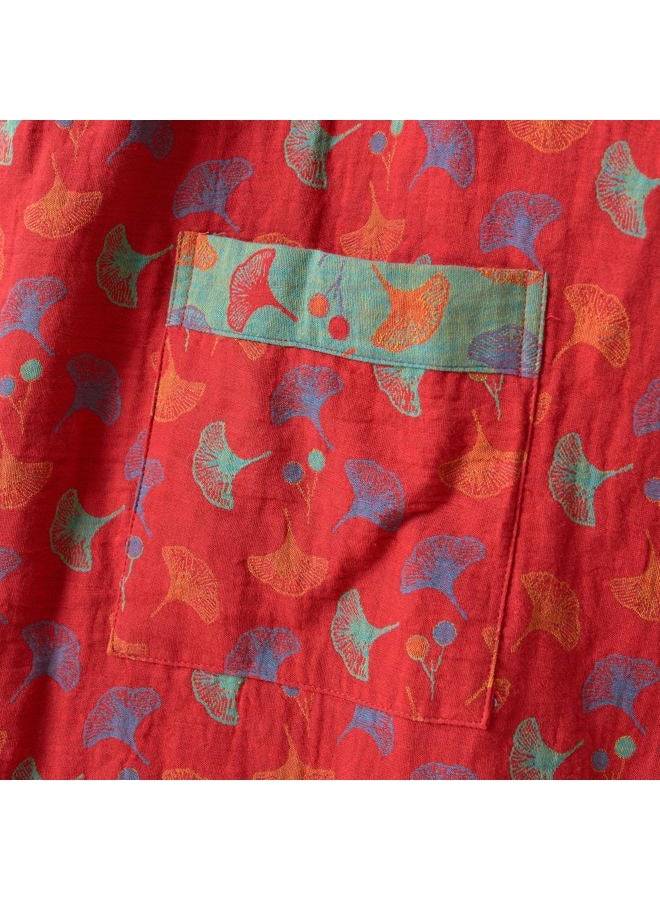 Purefair 100% Cotton Gauze Ginkgo Leaf Kimono Robe, Long Knit Loose Bathrobe Nightgown Ladies Loungewear Sleepwear for Women, Red Green, XL - Image 5