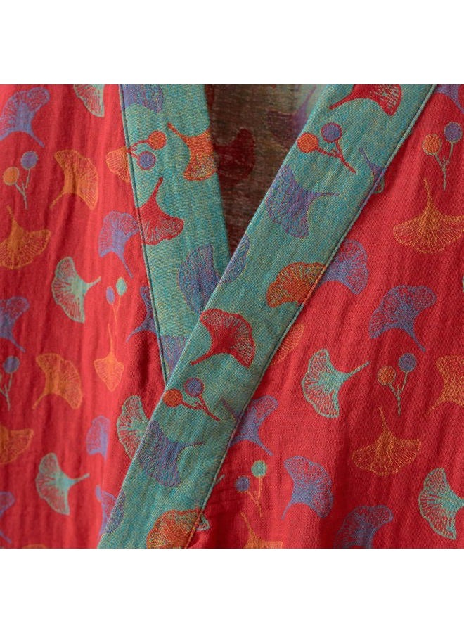 Purefair 100% Cotton Gauze Ginkgo Leaf Kimono Robe, Long Knit Loose Bathrobe Nightgown Ladies Loungewear Sleepwear for Women, Red Green, XL - Image 4