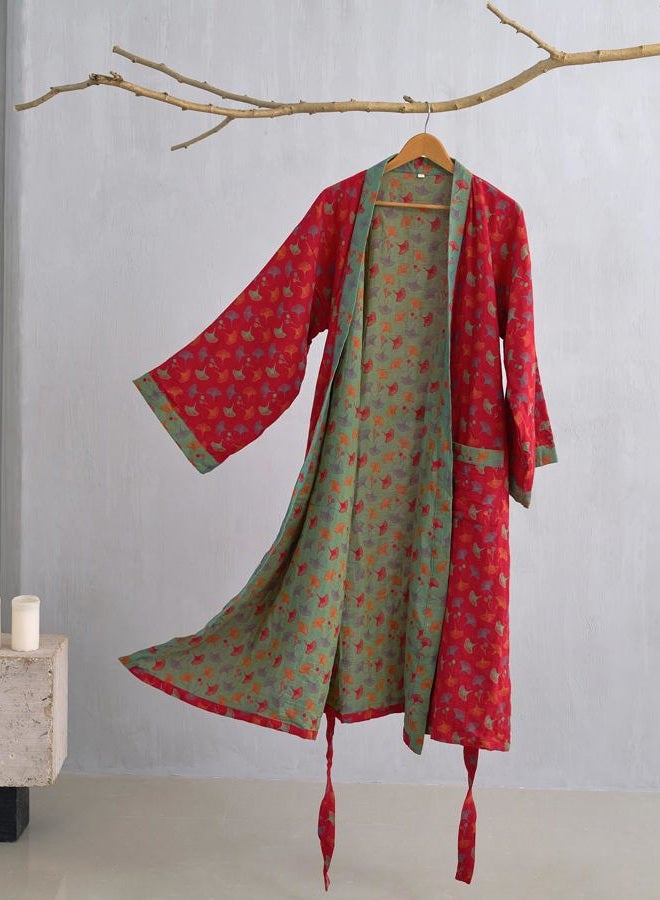 Purefair 100% Cotton Gauze Ginkgo Leaf Kimono Robe, Long Knit Loose Bathrobe Nightgown Ladies Loungewear Sleepwear for Women, Red Green, XL - Image 2