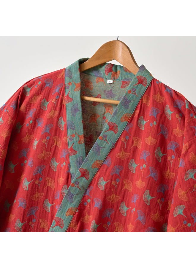 Purefair 100% Cotton Gauze Ginkgo Leaf Kimono Robe, Long Knit Loose Bathrobe Nightgown Ladies Loungewear Sleepwear for Women, Red Green, XL - Image 3