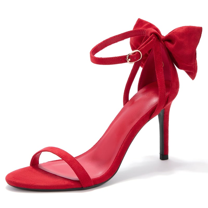 Womens Ankle Strap High Heels Open Toe Stiletto Bow Tie Knot Heeled Sandals Fashion Wedding Dress Pump Shoes Red 6