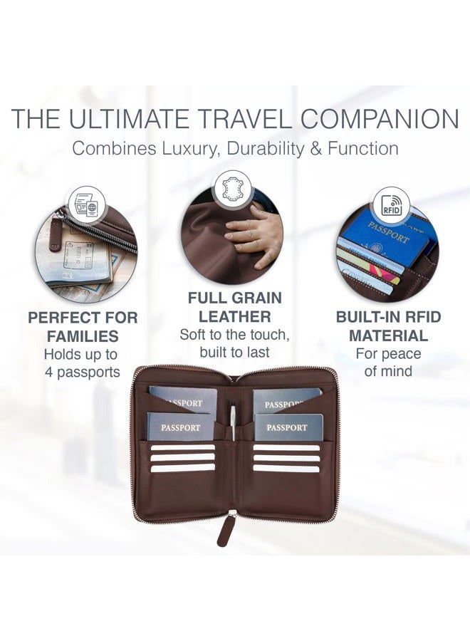 Travaci Full Grain Leather Family Passport Holder for 2-4 Passports - RFID Passport Holder and Travel Document Organizer - Large Leather Travel Wallet for Couples and Families, Dark Brown, 7.5 x 5.5 x 1 - Image 2