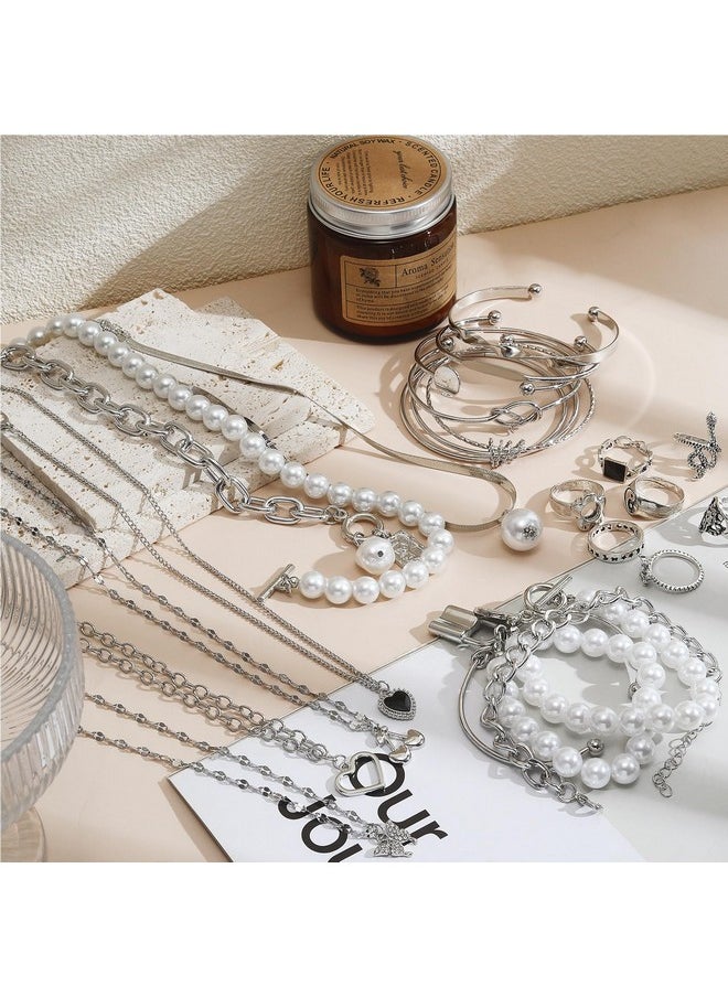 17IF 53 Pcs(8 Pack) Silver Plated Jewelry Set With 6 Necklace 11 Ankle Bracelet 30 Kunckle Ring 6 Pair Earring Hoop Vintage Boho Pearl For Women Girl And Birthday Travel Holiday  - Image 2