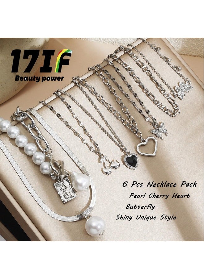 17IF 53 Pcs(8 Pack) Silver Plated Jewelry Set With 6 Necklace 11 Ankle Bracelet 30 Kunckle Ring 6 Pair Earring Hoop Vintage Boho Pearl For Women Girl And Birthday Travel Holiday  - Image 3