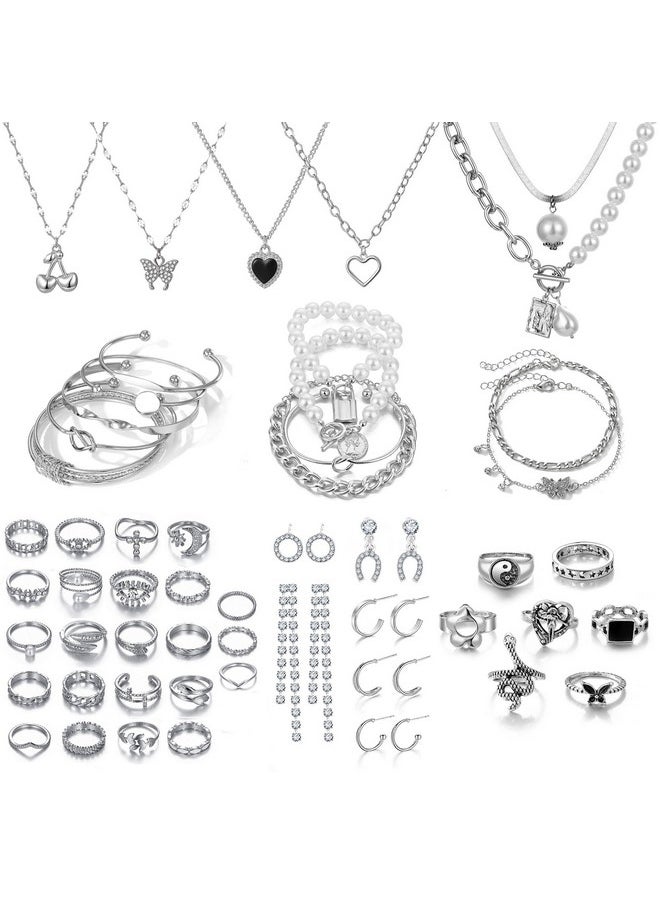 17IF 53 Pcs(8 Pack) Silver Plated Jewelry Set With 6 Necklace 11 Ankle Bracelet 30 Kunckle Ring 6 Pair Earring Hoop Vintage Boho Pearl For Women Girl And Birthday Travel Holiday  - Image 1