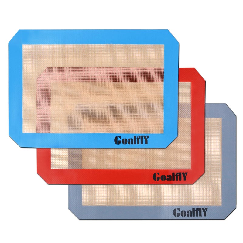 Goalfly Small Silicone Baking Mat Sheet 118 x 85 IN 3 Pieces Baking Mat Set Reusable Silicone Mat for Oven Toaster Baking Tray Baking Pan Red Blue Grey