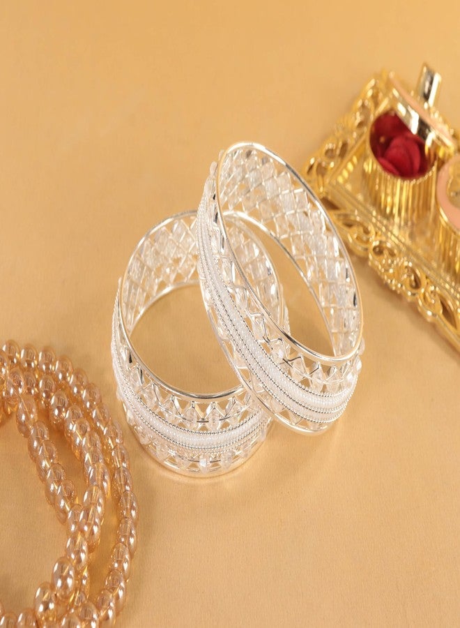 NMII Traditional Silver Plated Metal Bangles Kada Set For Women & Girls With Beads & Pearls | Women's Bangles | Fashion Bangle | Premium Kada Set For Wedding, Occasions - (MAH137-Silver-2.2) - Image 4