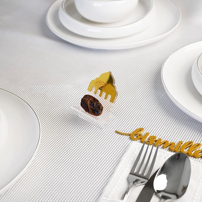 اي ار اس حامل تمور من زجاج شبكي، زينة رمضانية - هدية عيد، ديكور إسلامي للمسلمين - طاولة إفطار، أكريليك، بسم الله، 5 قطع - Image 2