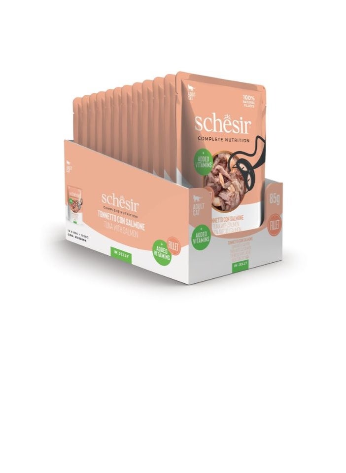 شيسر شيسير طعام رطب للقطط متكامل ومتوازن في عبوة جيلي – تونة مع سلمون 85 جم [الحد الأدنى للطلب: 12 قطعة] - Image 1