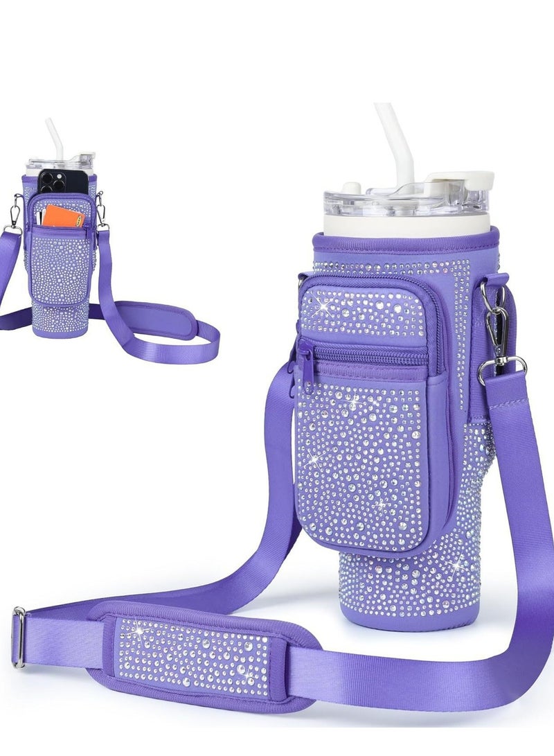 Bling Stanley Cup Holder with Strap & Letter Charm,40 oz Stanley Water Bottle Carrier Bag (Light purple) - Image 1