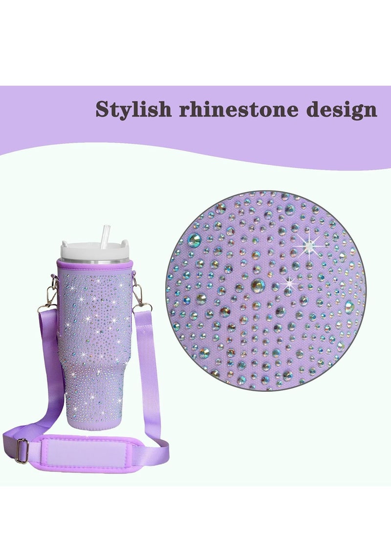 Bling Stanley Cup Holder with Strap & Letter Charm,40 oz Stanley Water Bottle Carrier Bag (Light purple) - Image 3