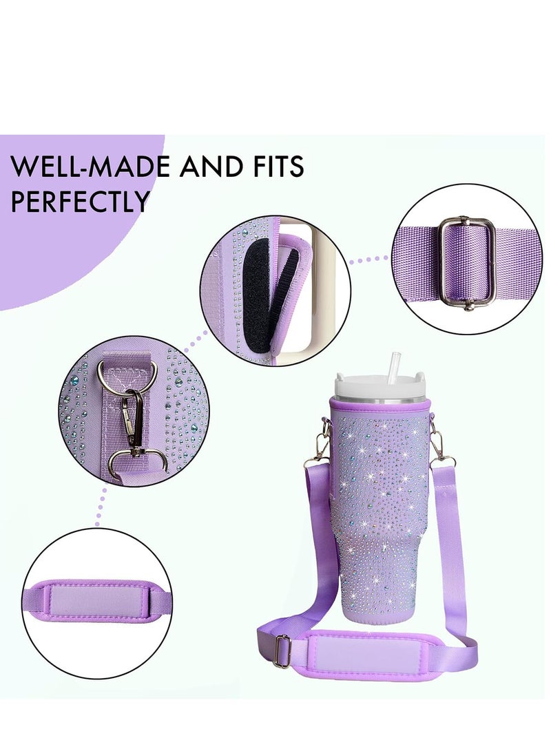 Bling Stanley Cup Holder with Strap & Letter Charm,40 oz Stanley Water Bottle Carrier Bag (Light purple) - Image 5