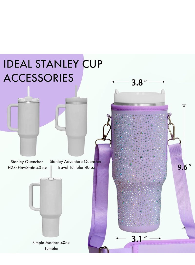 Bling Stanley Cup Holder with Strap & Letter Charm,40 oz Stanley Water Bottle Carrier Bag (Light purple) - Image 4