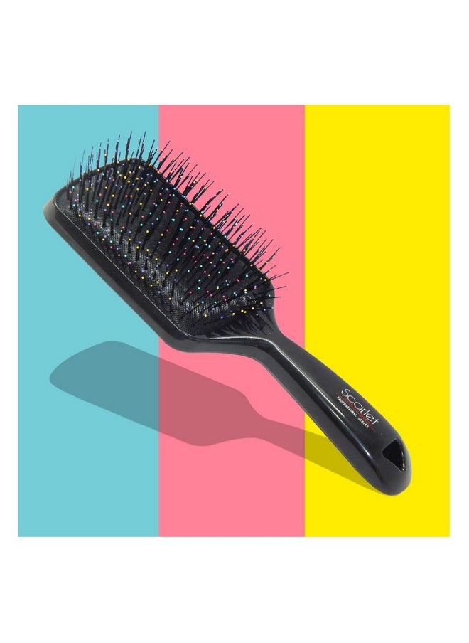 Scarlet Line - Professional Large Anti Slip Matt Finish Cushion Paddle Hair Brush With Plastic Handle N Colourful Pin Balls For Men N Women_Black - Image 1